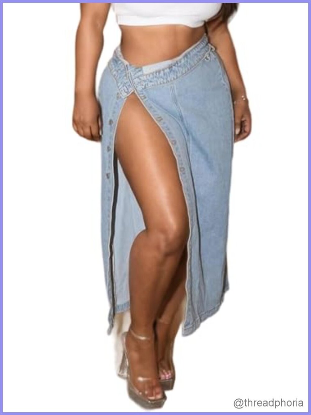 High Waisted Button Down Denim Maxi Skirt with Slit